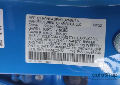 2022 Honda Civic Sport из США, поврежденный, VIN 19XFL2H89NE021452